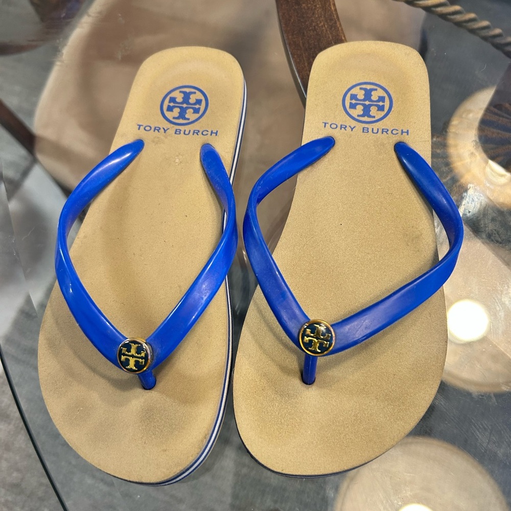 Tory Burch Tan and Blue Flip Flops
